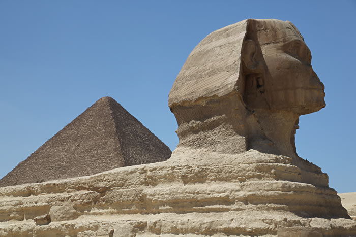 Sphinx and a Pyramid at Giza, Egypt